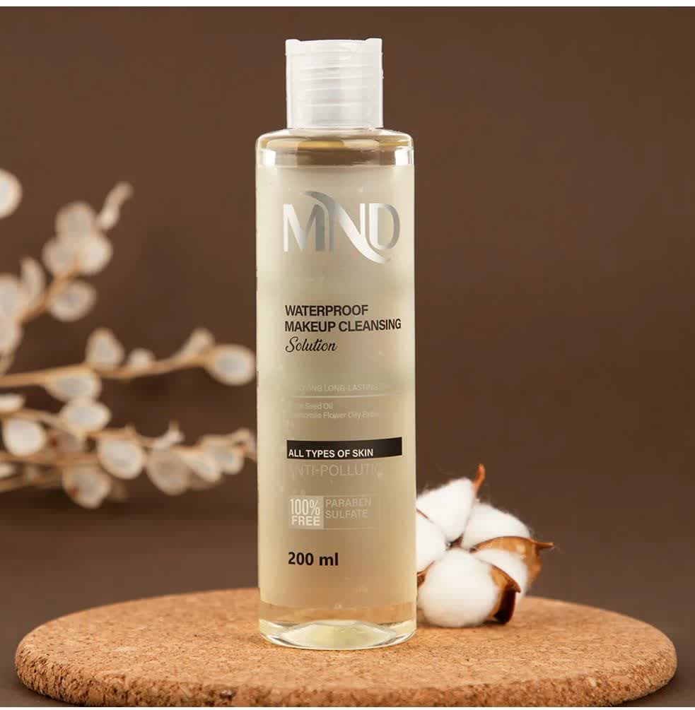 محلول پاک کننده آرایش ضدآب مناسب انواع پوست ام ان دی 200 میلی‌لیتر