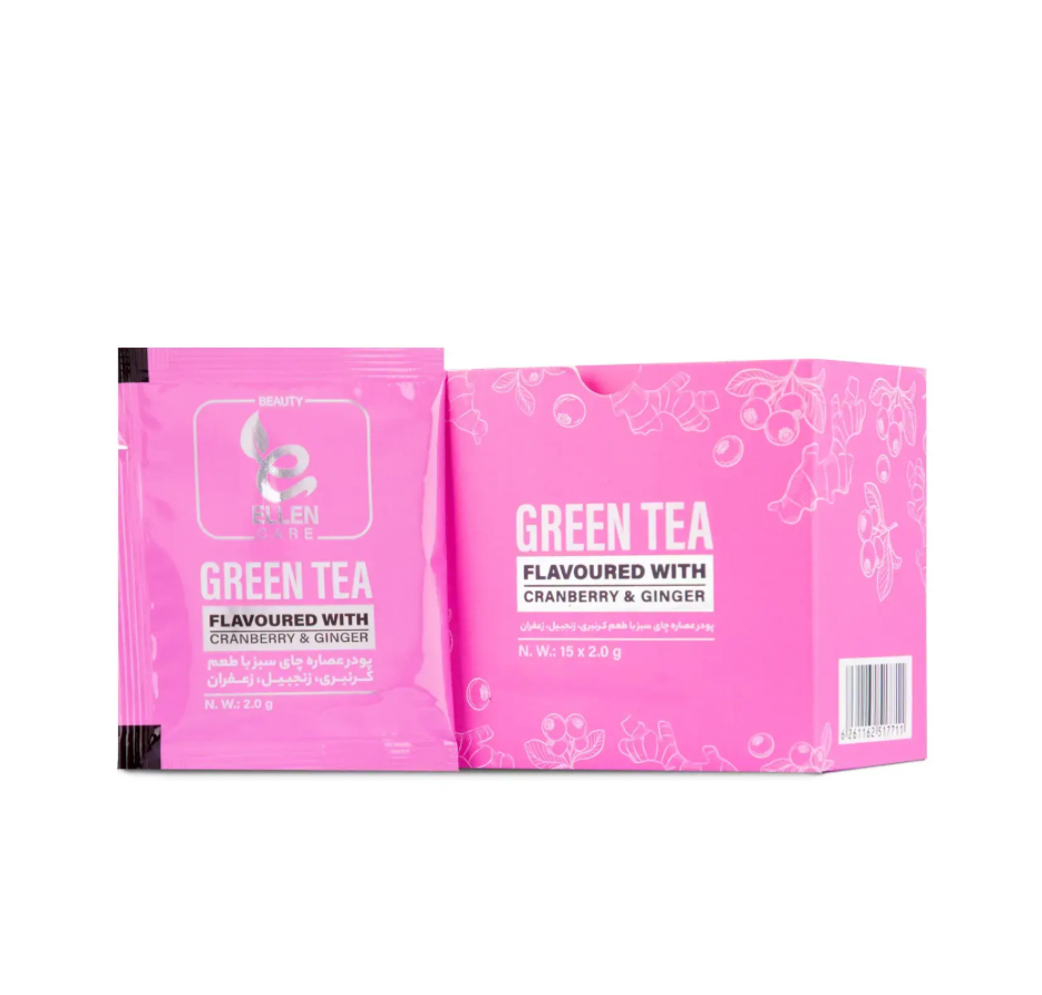 پودر عصاره چای سبز با طعم کرنبری، زنجبیل و زعفران الن کر بسته 15 عددی